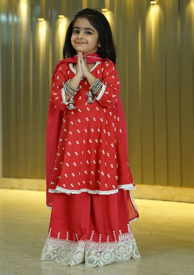 Pink Embroidered Silk Sharara Set With Dupatta For Girls