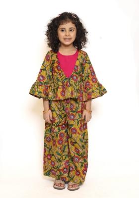 Green Printed Cotton Fusion Set For Girls