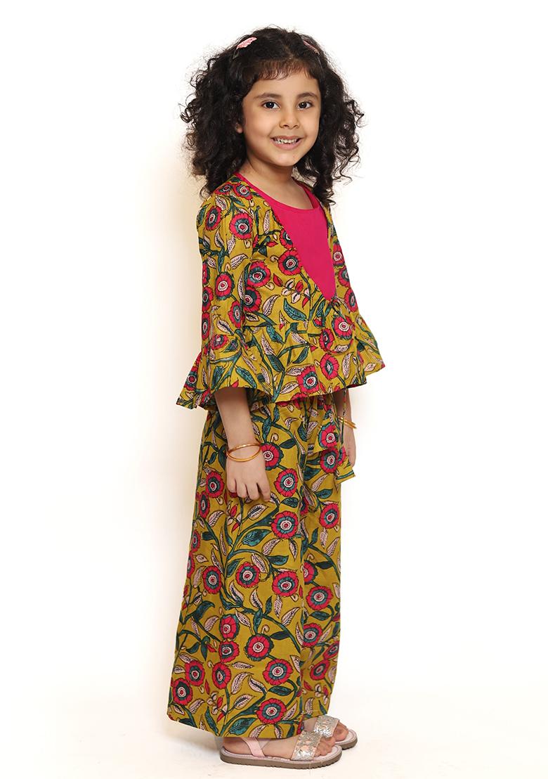 Green Printed Cotton Fusion Set For Girls