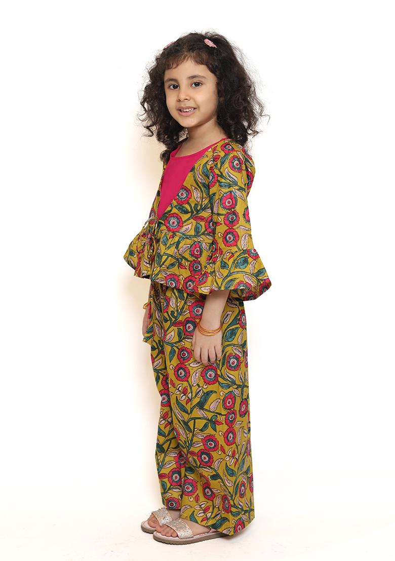 Green Printed Cotton Fusion Set For Girls