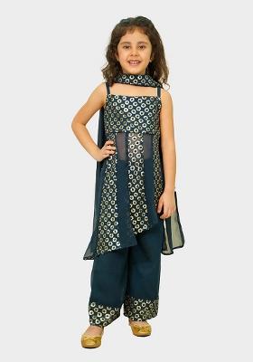 Blue Embroidered Georgette Sharara Set With Dupatta For Girls