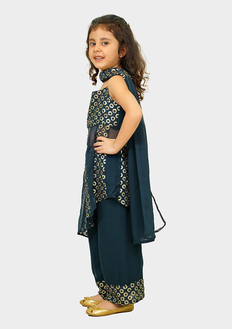 Blue Embroidered Georgette Sharara Set With Dupatta For Girls