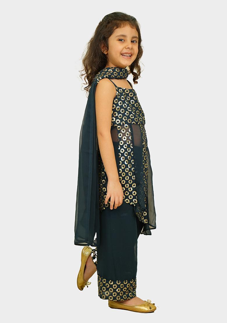 Blue Embroidered Georgette Sharara Set With Dupatta For Girls