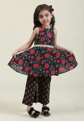 Black Printed Cotton Sharara Set With Dupatta For Girls