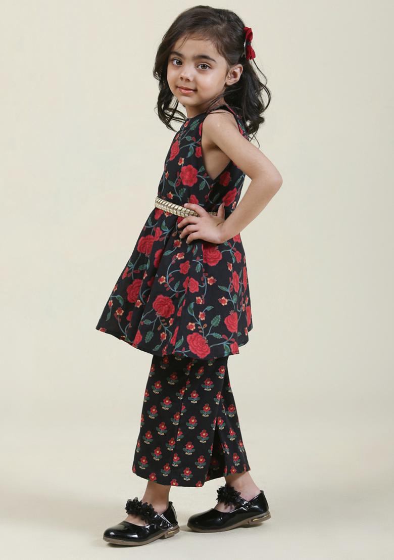 Black Printed Cotton Sharara Set With Dupatta For Girls