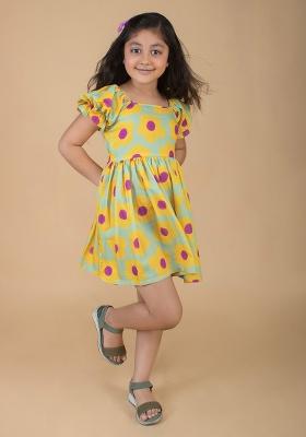 Yellow Printed Cotton Dress For Girls