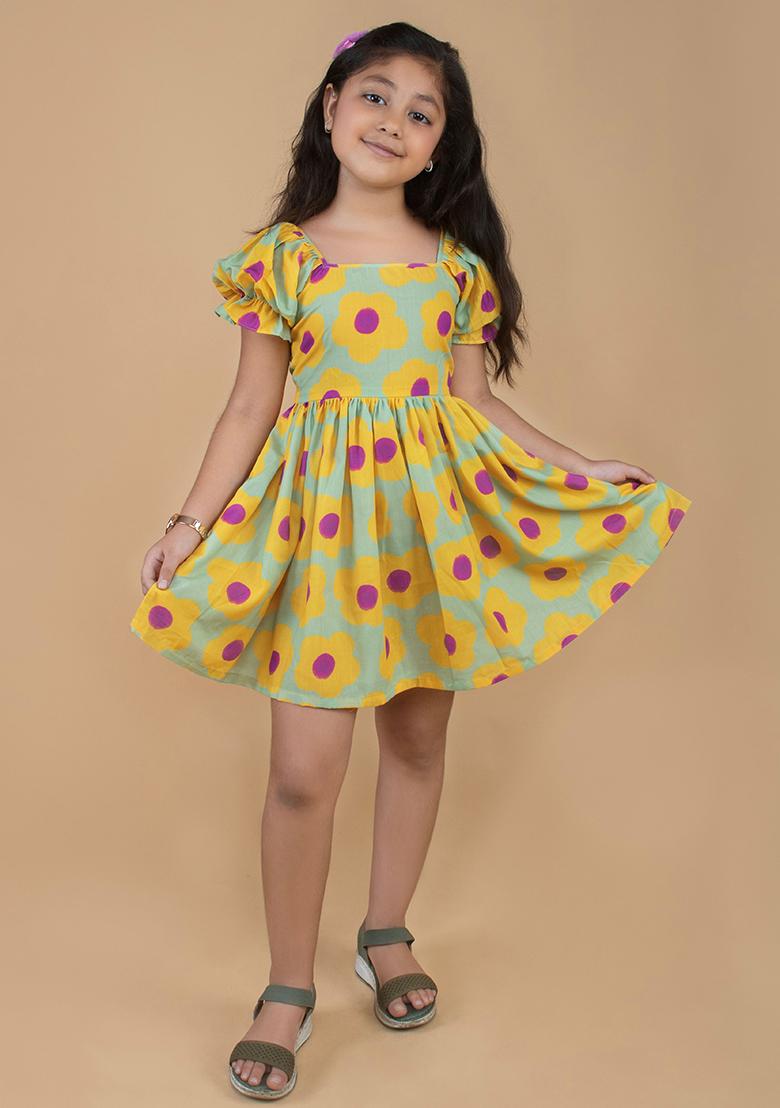 Yellow Printed Cotton Dress For Girls