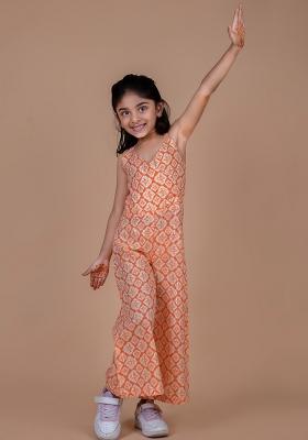 Orange Printed Cotton Dress For Girls