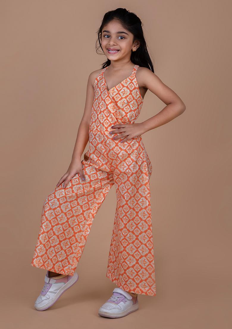 Orange Printed Cotton Dress For Girls