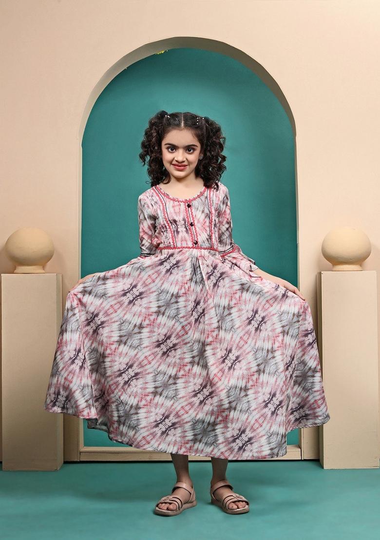 Multi Color Printed  Muslin Anarkali Dress For Girls