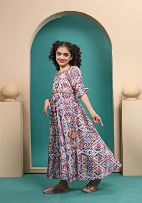 Multi Color Printed  Muslin Anarkali Dress For Girls