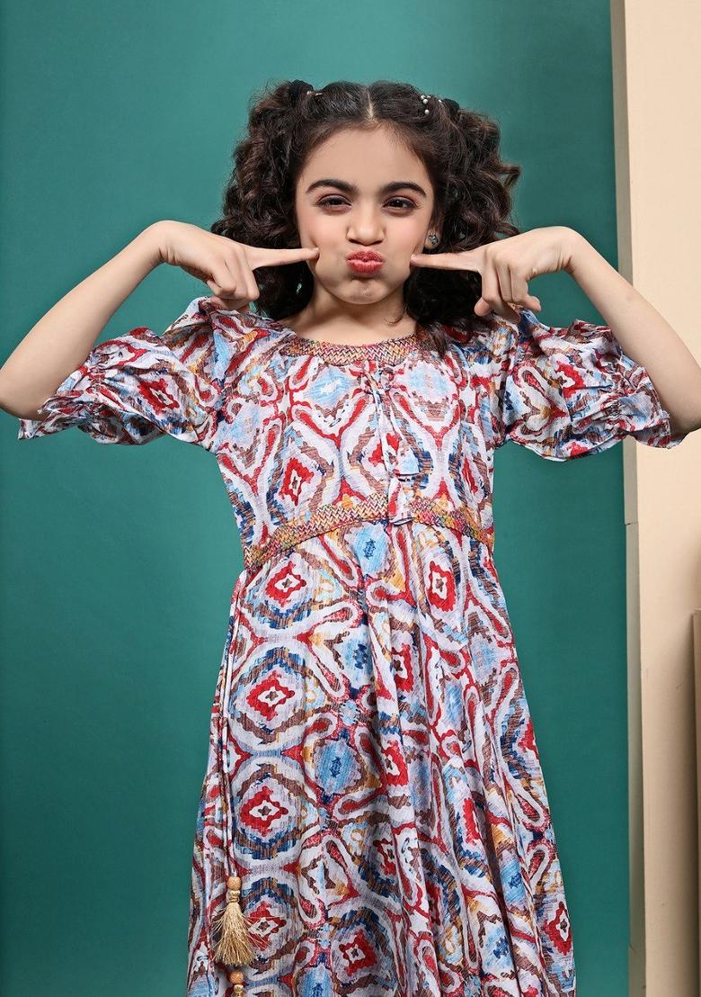 Multi Color Printed  Muslin Anarkali Dress For Girls