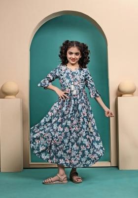 Blue Printed  Muslin Anarkali Dress For Girls