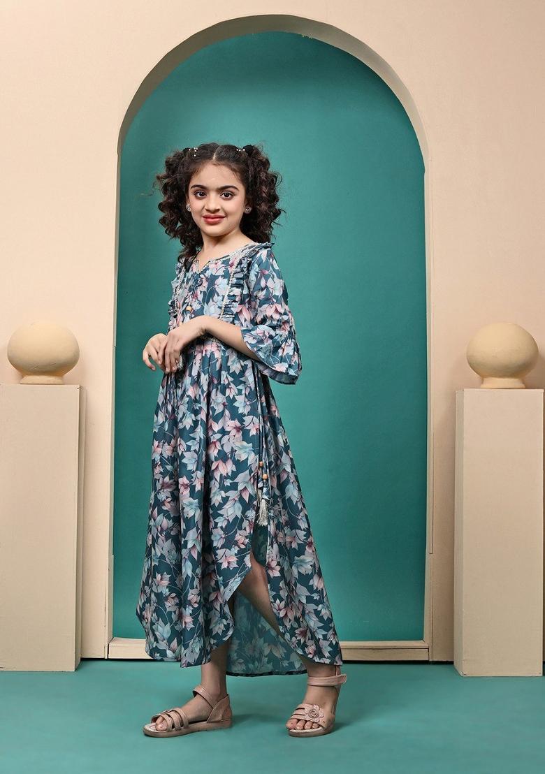 Blue Printed  Muslin Anarkali Dress For Girls