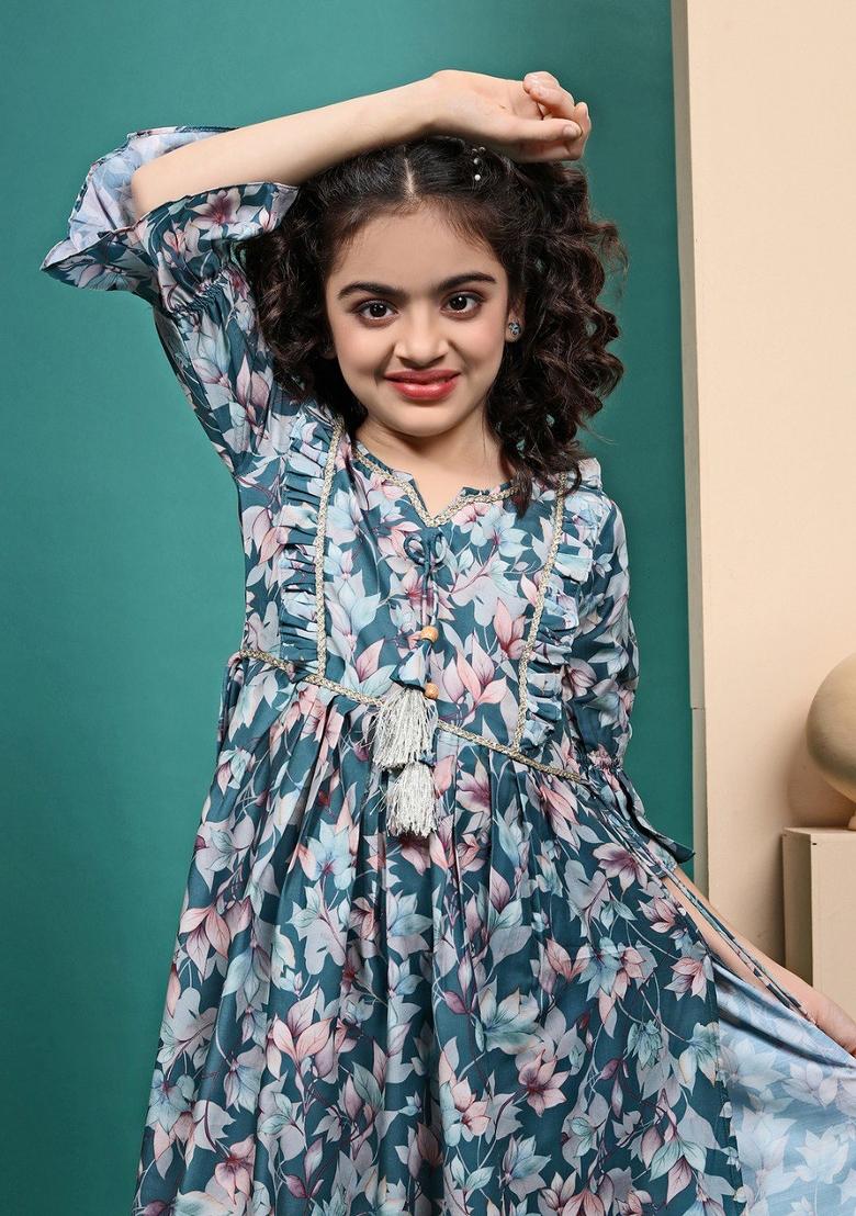 Blue Printed  Muslin Anarkali Dress For Girls