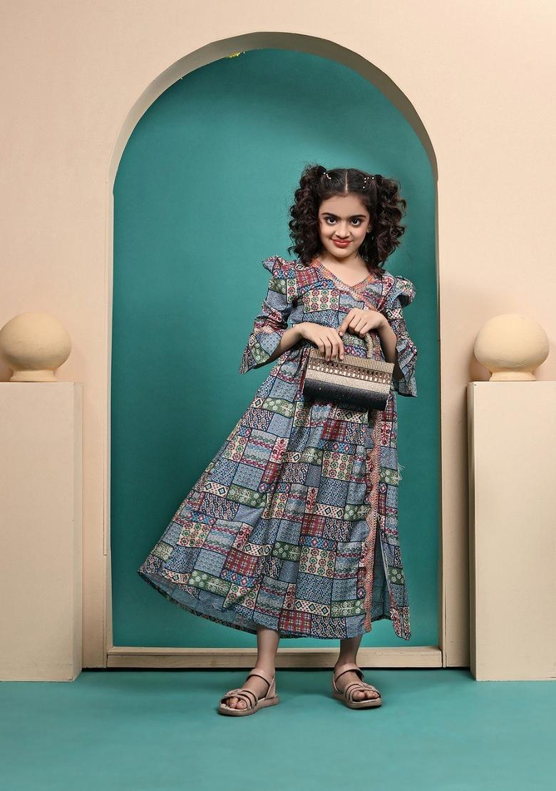 Multi Color Printed  Muslin Anarkali Dress For Girls