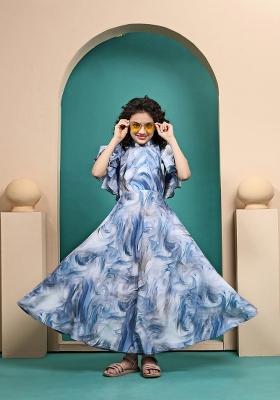 Sky Blue Printed  Muslin Dress For Girls