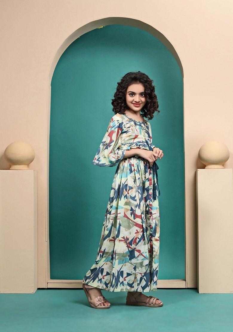 Multi Color Printed  Muslin Skirt Set For Girls