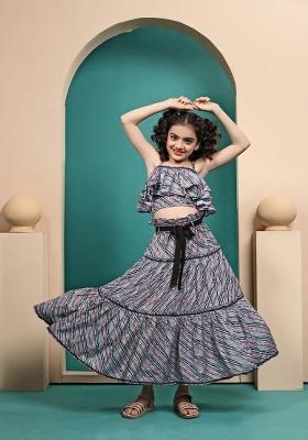 Grey Printed  Muslin Skirt Set For Girls