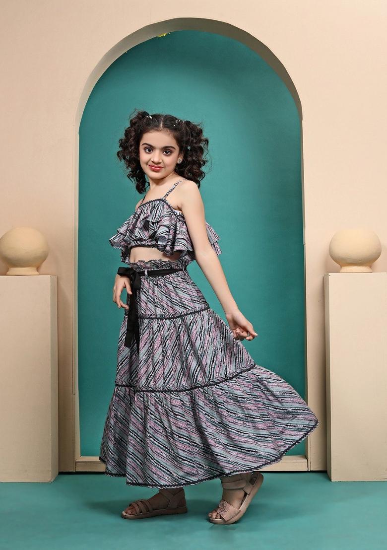Grey Printed  Muslin Skirt Set For Girls