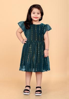 Green Embroidered Net Dress For Girls