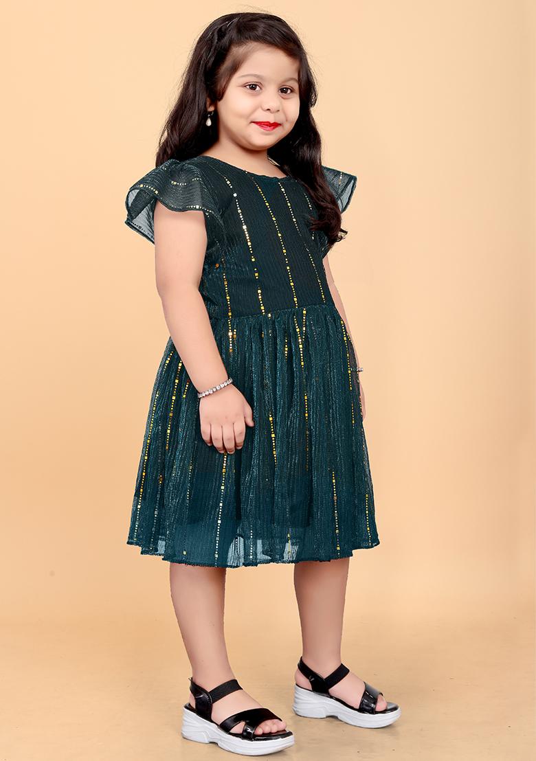 Green Embroidered Net Dress For Girls