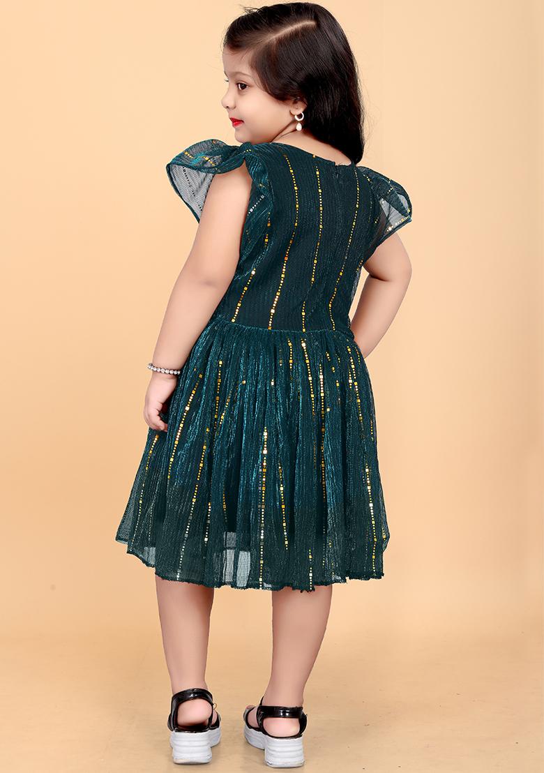 Green Embroidered Net Dress For Girls
