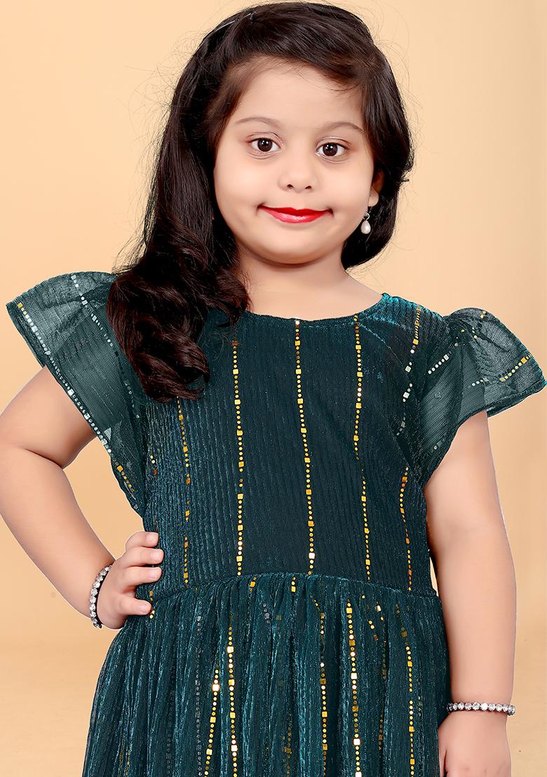 Green Embroidered Net Dress For Girls