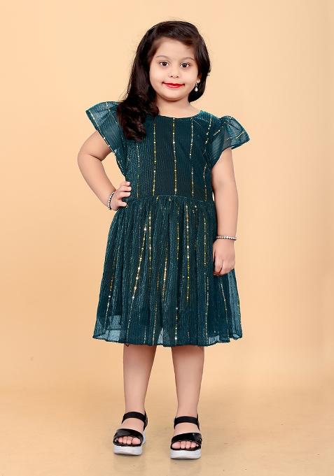 Green Embroidered Net Dress For Girls