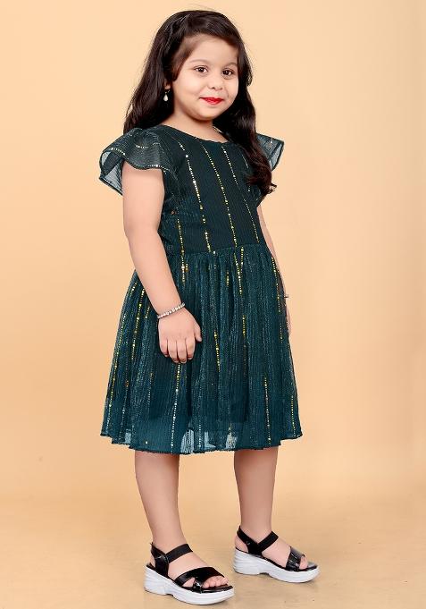 Green Embroidered Net Dress For Girls