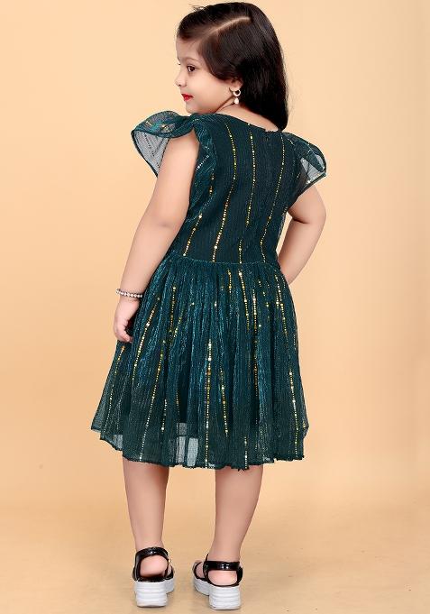 Green Embroidered Net Dress For Girls