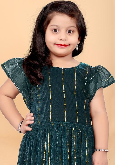 Green Embroidered Net Dress For Girls