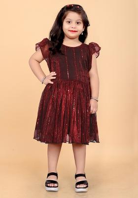Maroon Embroidered Net Dress For Girls