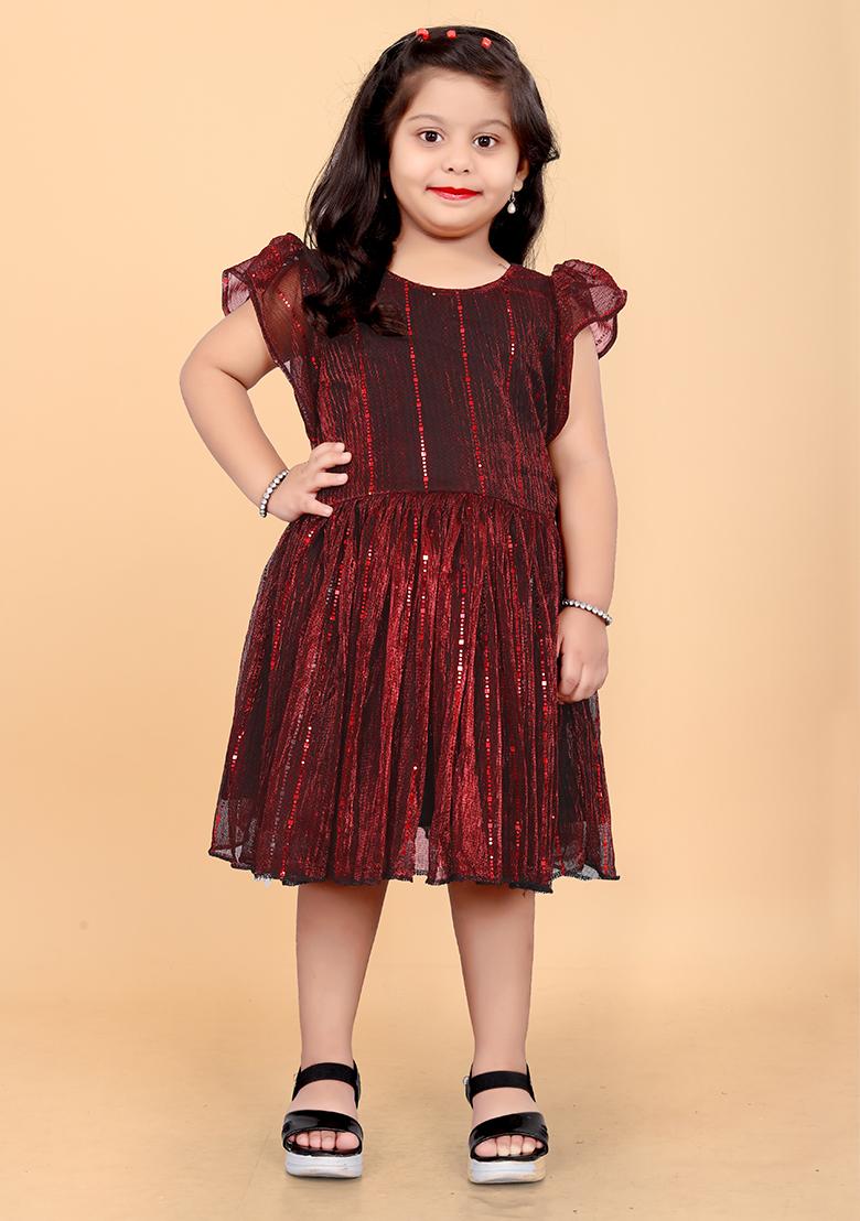 Maroon Embroidered Net Dress For Girls