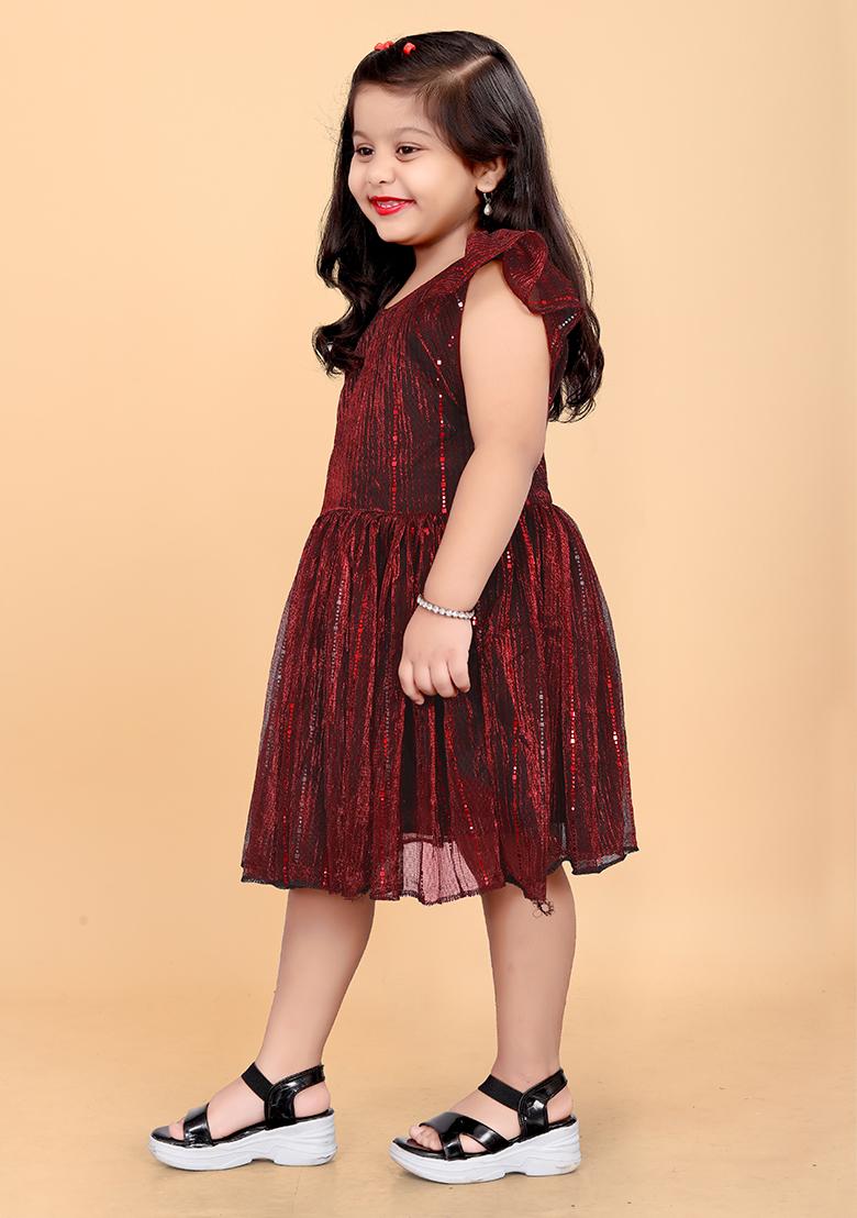 Maroon Embroidered Net Dress For Girls