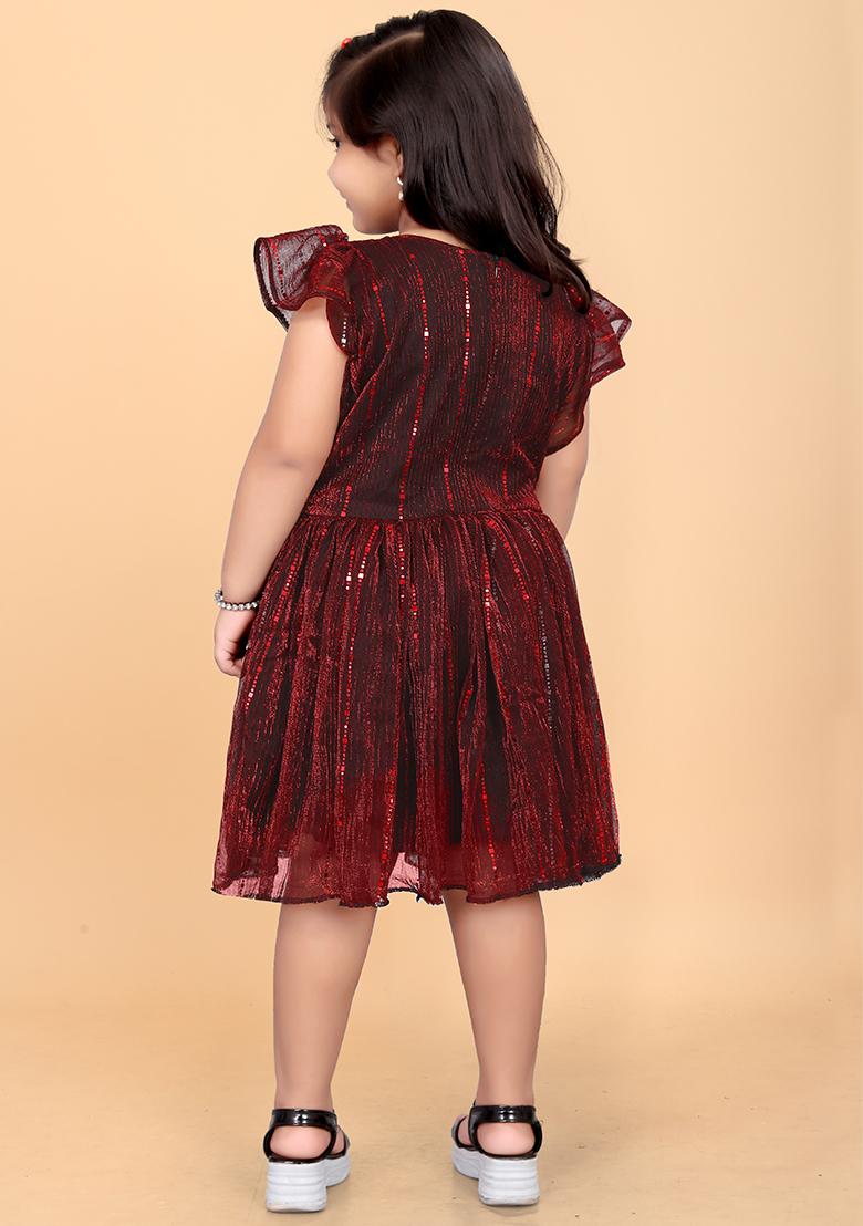 Maroon Embroidered Net Dress For Girls