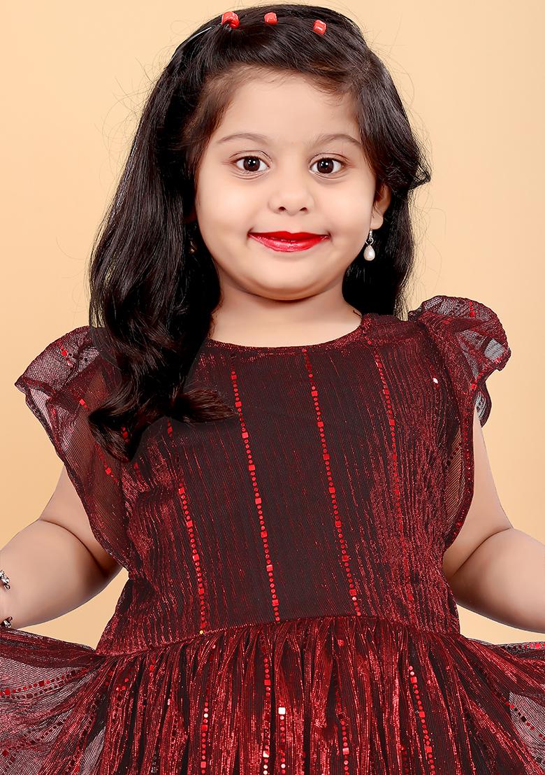 Maroon Embroidered Net Dress For Girls