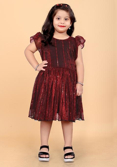 Maroon Embroidered Net Dress For Girls