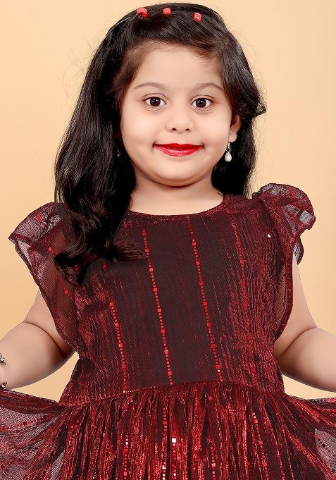 Maroon Embroidered Net Dress For Girls