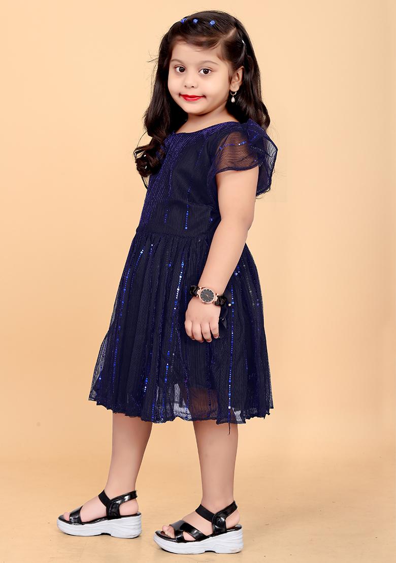 Navy Blue Embroidered Net Dress For Girls