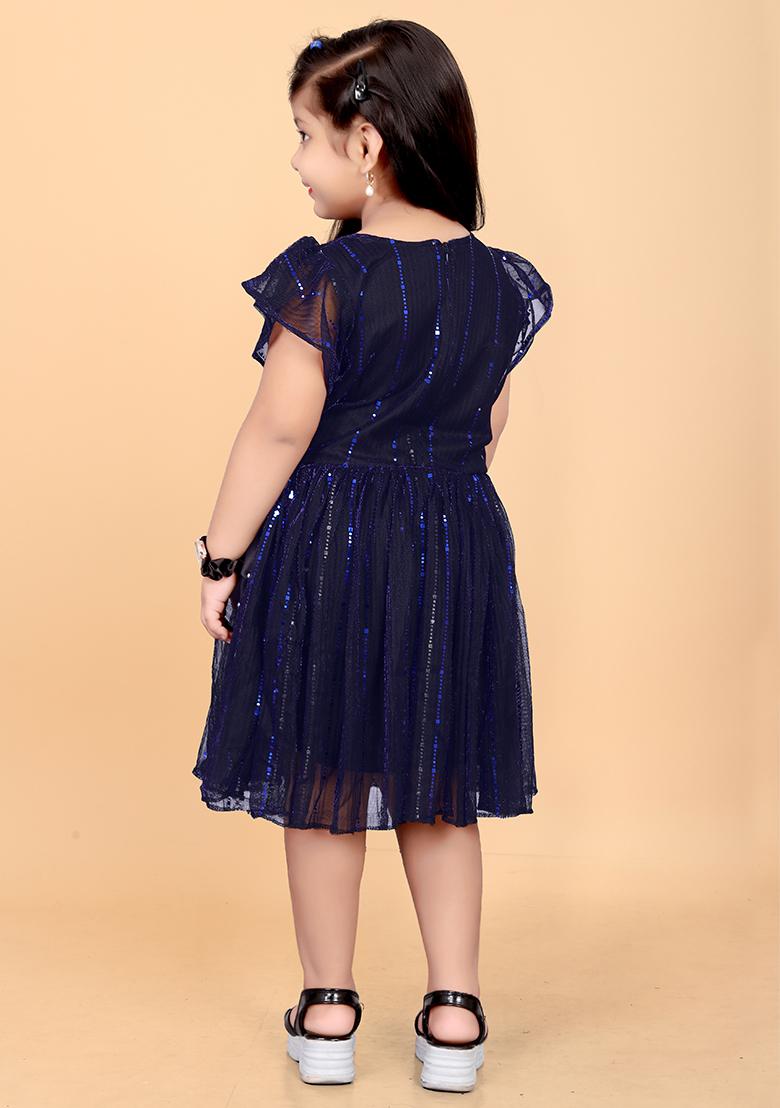 Navy Blue Embroidered Net Dress For Girls