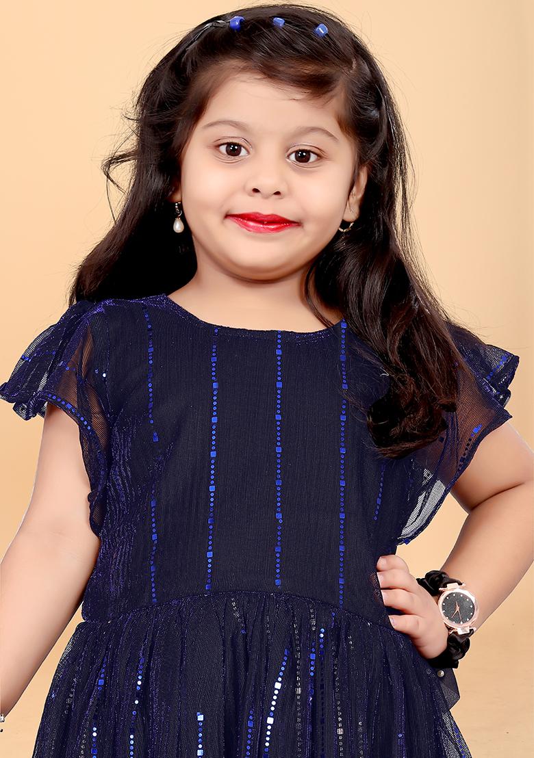 Navy Blue Embroidered Net Dress For Girls