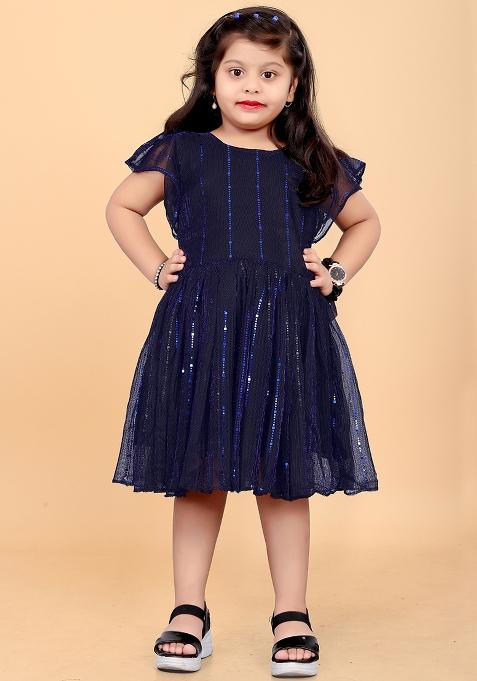 Navy Blue Embroidered Net Dress For Girls