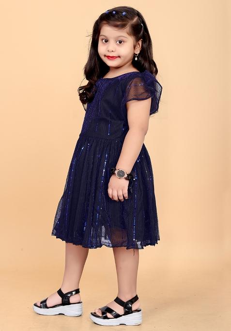 Navy Blue Embroidered Net Dress For Girls