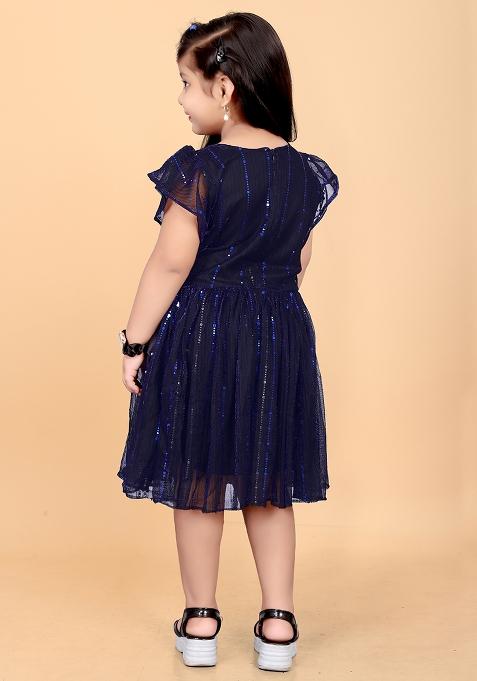 Navy Blue Embroidered Net Dress For Girls