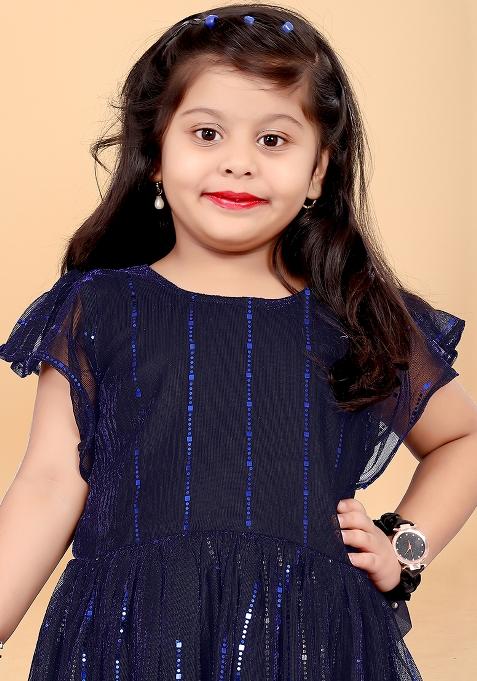 Navy Blue Embroidered Net Dress For Girls