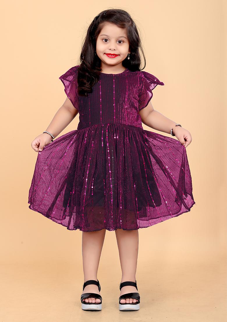 Purple Embroidered Net Dress For Girls