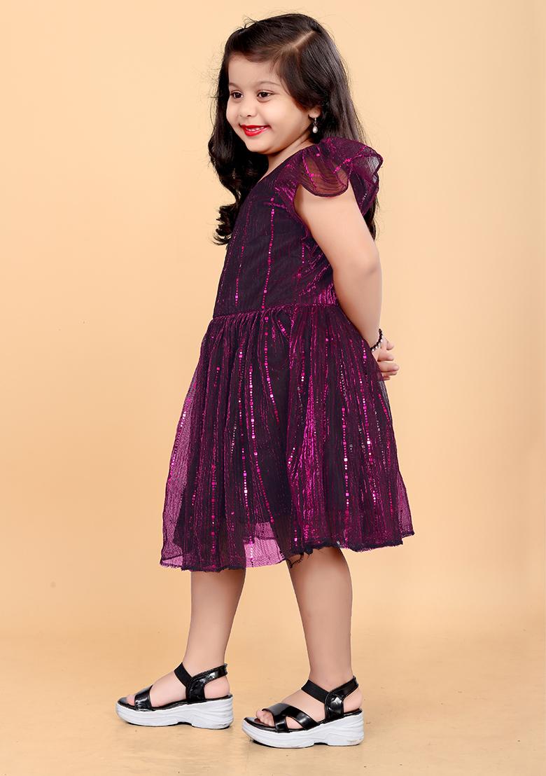 Purple Embroidered Net Dress For Girls