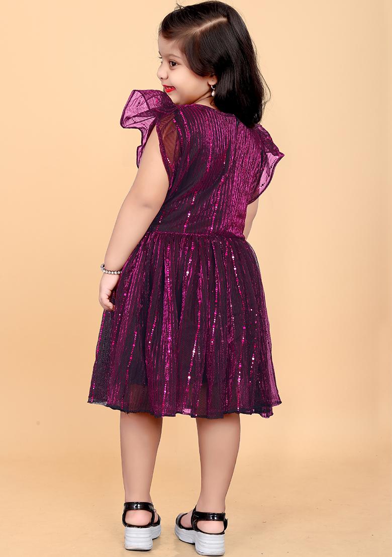 Purple Embroidered Net Dress For Girls