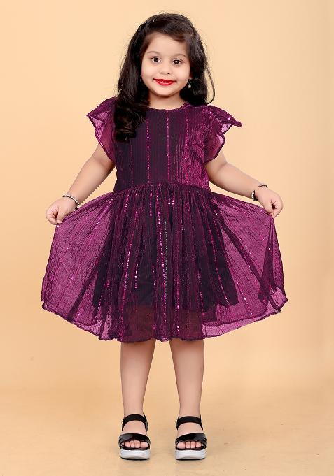 Purple Embroidered Net Dress For Girls
